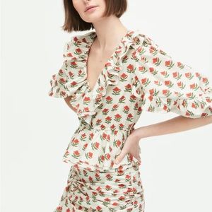 RHODE Floral Ruffle Blouse in White and Red